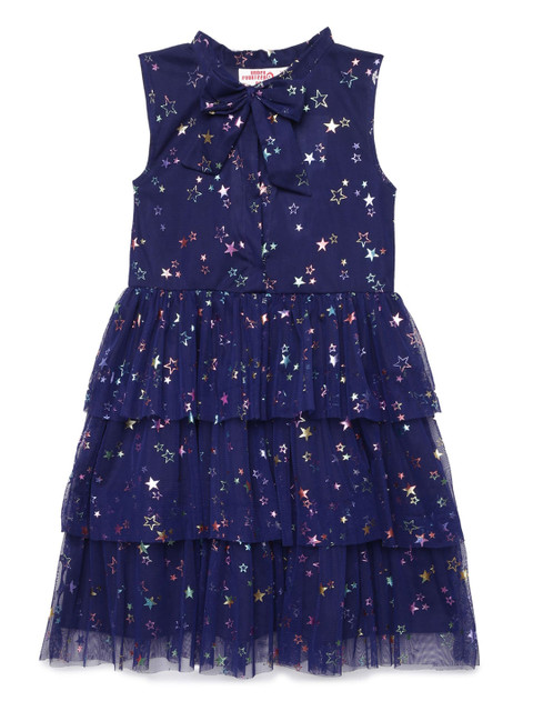 

UNDER FOURTEEN ONLY Navy Blue & White Printed Net Dress