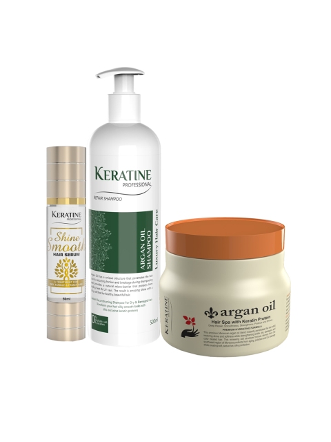 

KERATINE PROFESSIONAL Set of Argan Oil Repair Shampoo, Hair Mask & Smooth Shine Serum, Beige