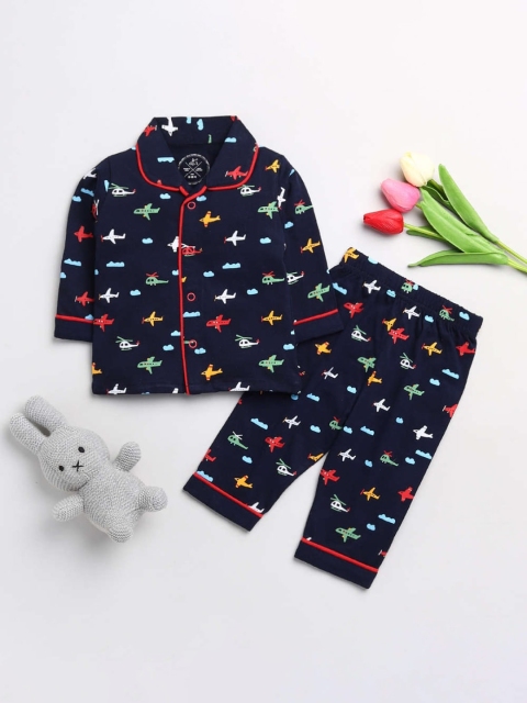 

Clt s Unisex Kids Blue & Red Pure Cotton Helicopter Printed Night suit