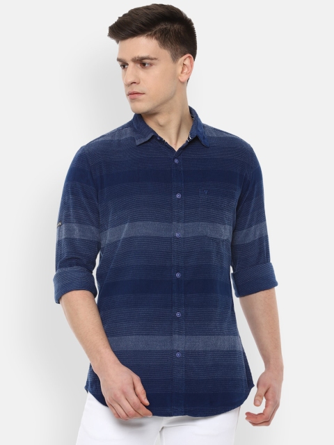 

VAN HEUSEN DENIM LABS Men Navy Blue Slim Fit Striped Pure Cotton Casual Shirt
