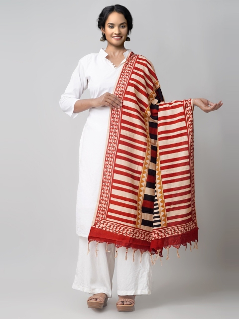 

Unnati Silks Cream-Coloured & Maroon Ethnic Motifs Printed Pure Cotton Tie and Dye Dupatta