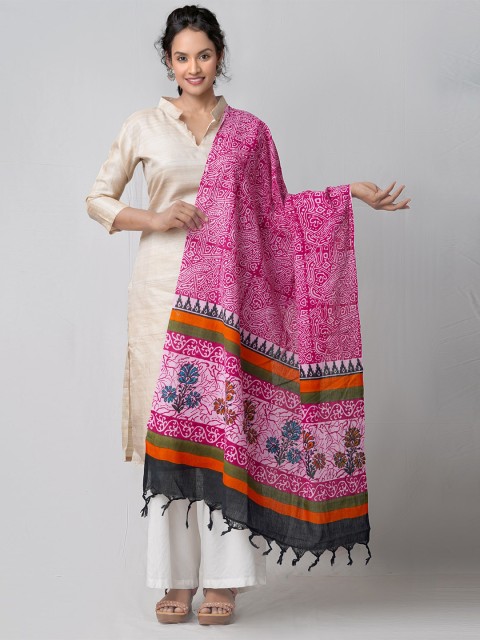 

Unnati Silks Pink & Green Ethnic Motifs Printed Pure Cotton Block Print Dupatta