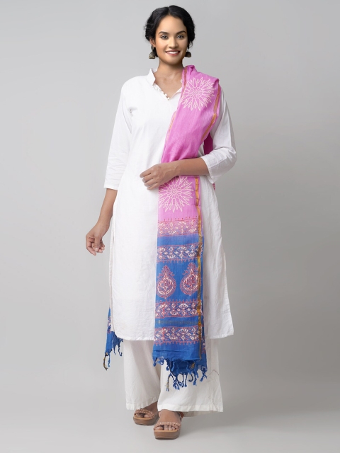 

Unnati Silks Pink & Blue Ethnic Motifs Printed Block Print Dupatta with Zari
