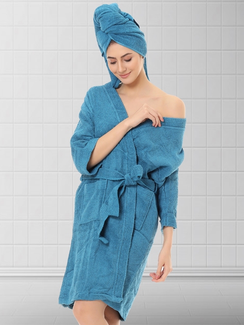 

Aura Teal Blue Coloured Solid Terry Cotton Bath Robe With Hair Wrap
