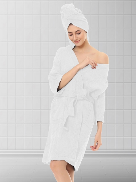 

Aura White Solid Terry Cotton Bath Robe With Hair Wrap