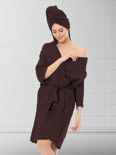 

Aura Brown Solid Terry Cotton Bath Robe With Hair Wrap
