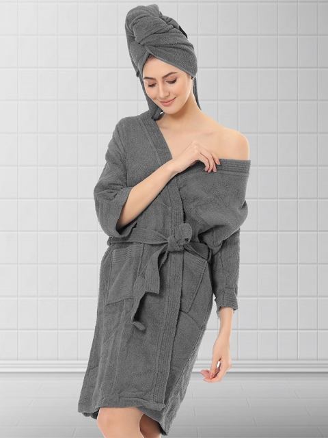 

Aura Grey Solid Terry Cotton Bath Robe With Hair Wrap