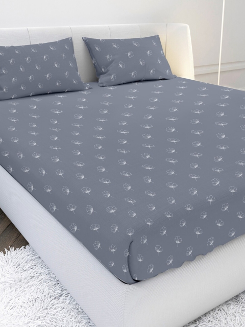 

MAYFAIR HOMES LONDON Grey Floral 210 TC Cotton 1 King Bedsheet with 2 Pillow Covers