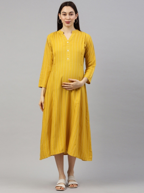 

GOLDSTROMS Yellow Striped Maternity A-Line Midi Dress
