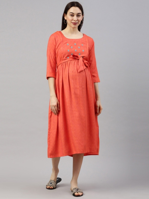 

GOLDSTROMS Orange Floral Embroidered Maternity Midi Dress