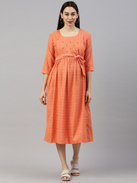 

GOLDSTROMS Orange Ethnic Motifs Embroidered Maternity Midi Dress