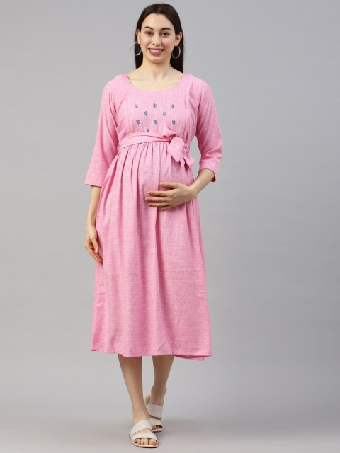 

GOLDSTROMS Women Pink & Blue Belted Maternity A-Line Midi Dress