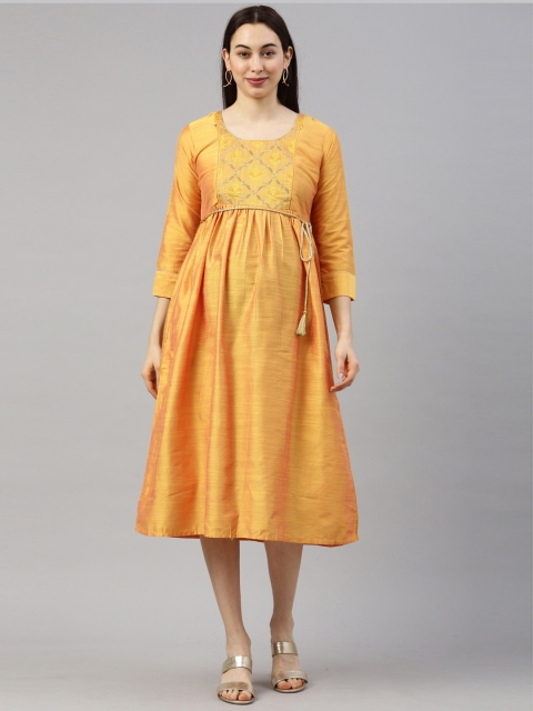

GOLDSTROMS Women Yellow Ethnic Motifs Embroidered Belted Silk Maternity A-Line Midi Dress