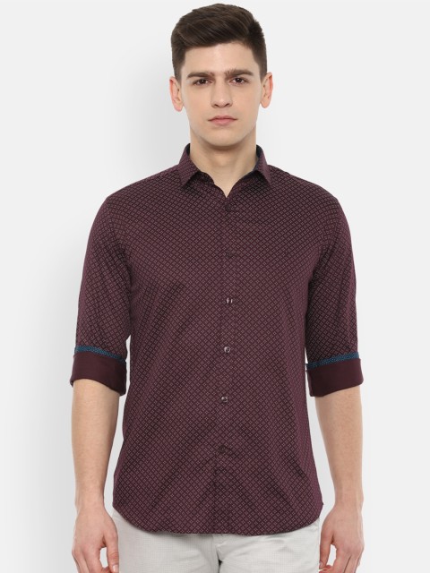 

V Dot Men Burgundy & White Cotton Slim Fit Printed Casual Shirt
