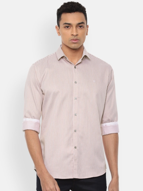 

V Dot Men White & Beige Slim Fit Checked Pure Cotton Casual Shirt