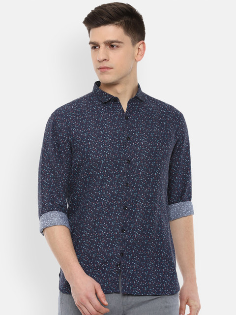 

V Dot Men Navy Blue & Red Slim Fit Floral Print Cotton Linen Casual Shirt