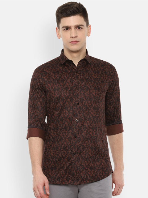 

V Dot Men Brown & Black Slim Fit Floral Printed Pure Cotton Casual Shirt