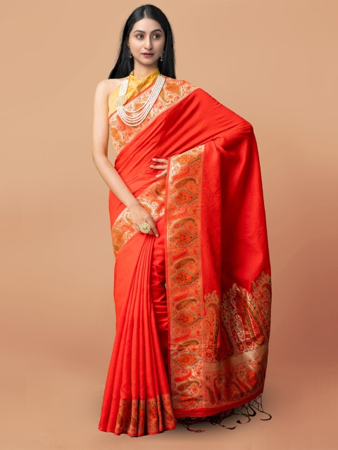 

Unnati Silks Red & Green Woven Design Zari Silk Cotton Kanjeevaram Saree