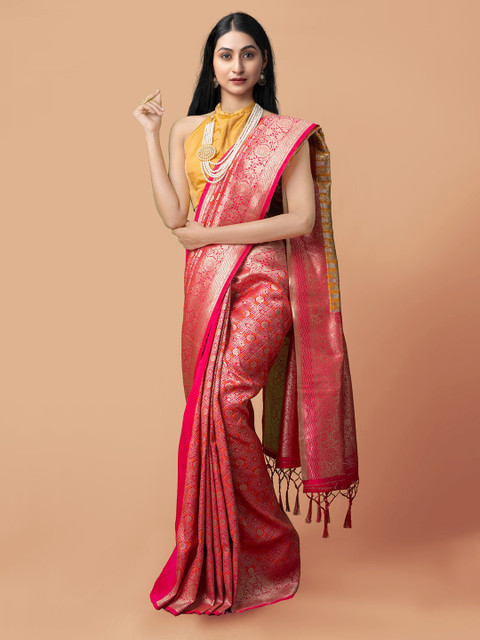 

Unnati Silks Pink & Gold-Toned Woven Design Zari Silk Cotton Kanjeevaram Saree
