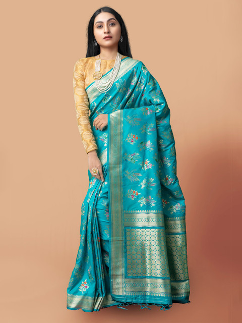 

Unnati Silks Green & Gold-Toned Woven Design Silk Cotton Banarasi Saree