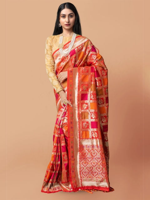 

Unnati Silks Magenta & Orange Woven Design Silk Cotton Kanjeevaram Saree