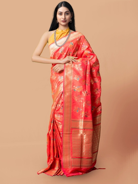 

Unnati Silks Pink & Gold-Toned Woven Design Silk Cotton Kanjeevaram Saree