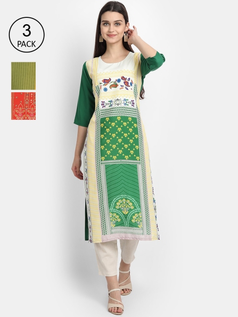 

7Threads Women Green & Red Ethnic Motifs Printed Crepe Kurta Set Of 3