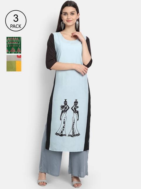 

7Threads Women Pack Of 3 Digital Print Straight Crepe Kurta, Multi