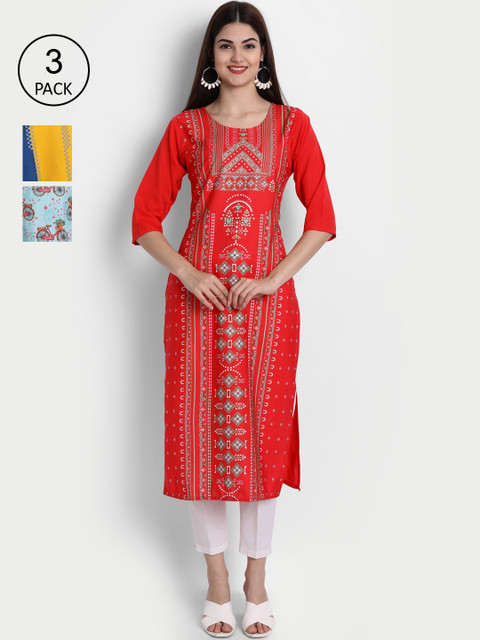 

7Threads Women Pack Of 3 Kurtas, Red