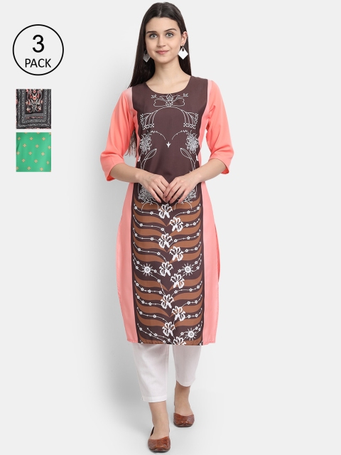 

7Threads Women Pink, Yellow & Black Floral Printed Set of 3 Crepe Kurta