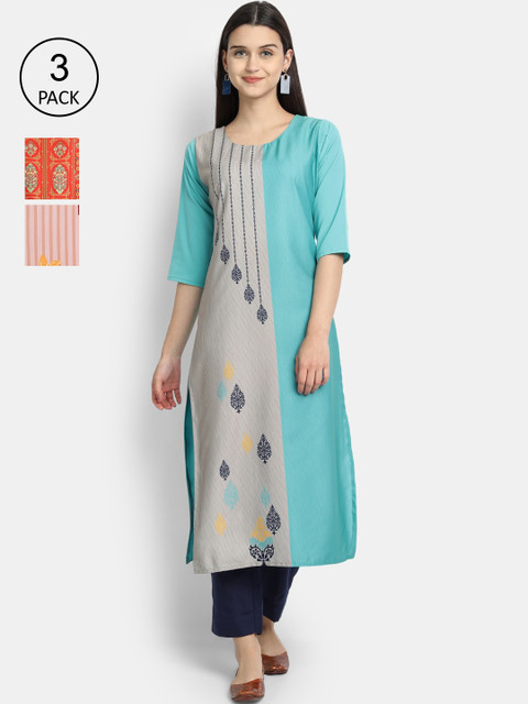 

7Threads Women Pack Of 3 Kurtas, Blue