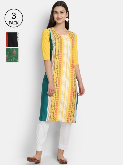 

7Threads Women Yellow, Red, Olive Ethnic Motifs Printed Crepe Kurta Set Of 3