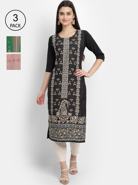 

7Threads Women Pack Of 3 Multicoloured Ethnic Motifs Printed Crepe Kurta, Multi