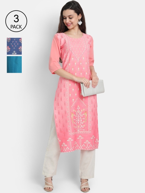 

7Threads Women Pink, Blue & Navy Blue Ethnic Motifs Printed Set of 3 Crepe Kurta