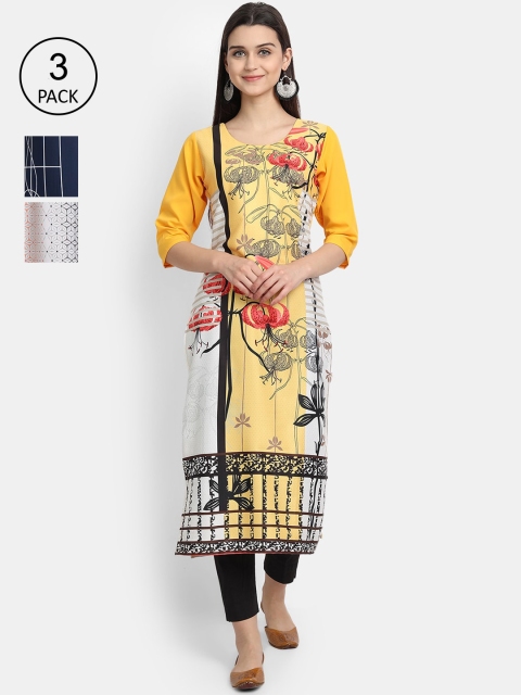 

7Threads Women Yellow, Blue & Blue Floral Printed Patchwork Set of 3 Crepe Kurta