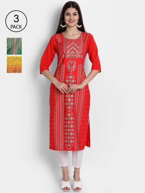 

7Threads Women Yellow ,Red & Olive Green Ethnic Motifs Printed Crepe Kurta Set Of 3
