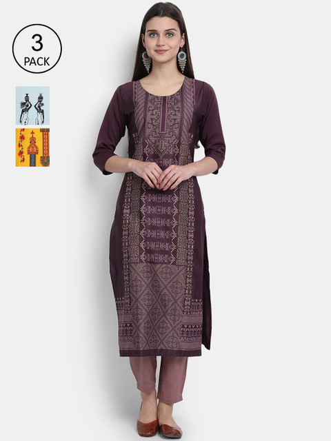

7Threads Women Pack Of 3 Digital Print Straight Crepe Kurta, Multi