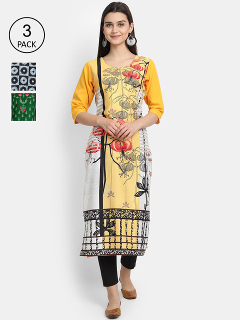 

7Threads Women Pack Of 3 Multicoloured Ethnic Motifs Printed Crepe Kurta, Multi