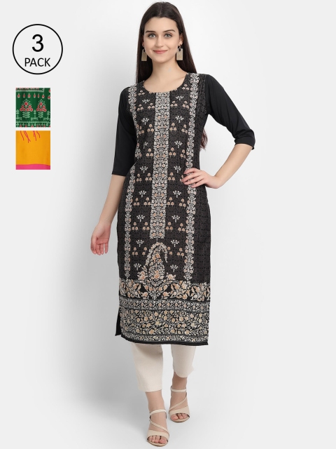 

7Threads Women Black, Yellow & Green Ethnic Motifs Printed Crepe Kurta Set Of 3