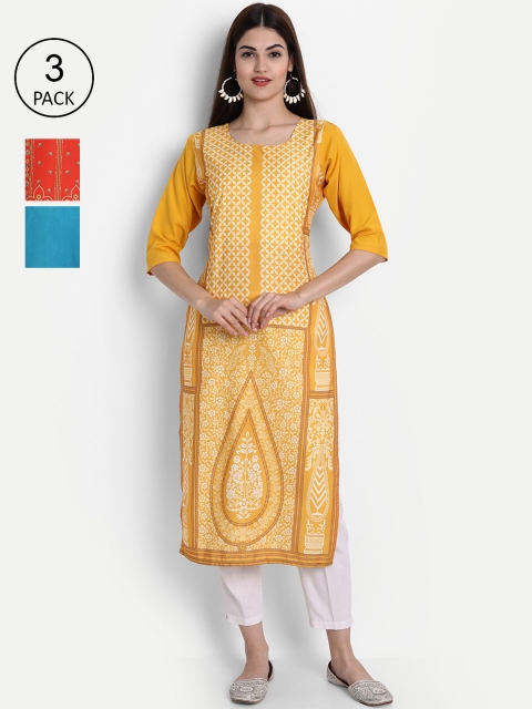 

7Threads Women Yellow, Red & Blue Ethnic Motifs Printed Set of 3 Crepe Kurta