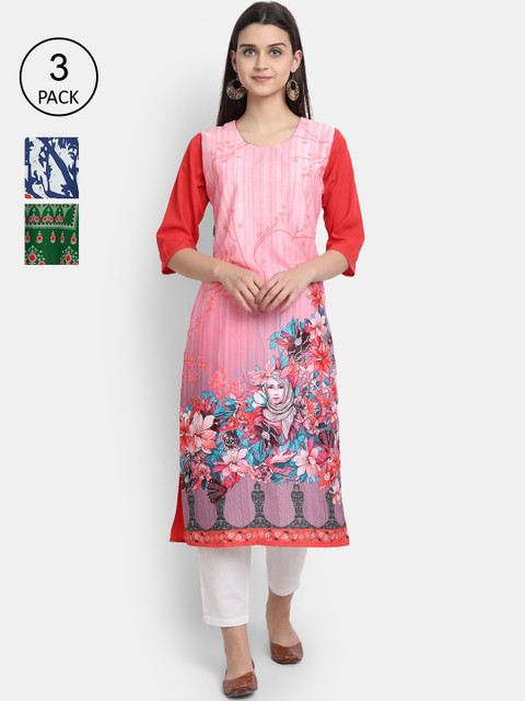 

7Threads Women Pack Of 3 Multicoloured Floral Printed Crepe Kurta, Multi