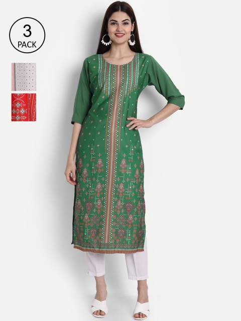 

7Threads Women Green, Red & White Ethnic Motifs Printed Crepe Kurta Set Of 3