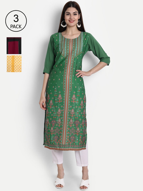 

7Threads Women Pack Of 3 Multicoloured Ethnic Motifs Printed Crepe Kurta, Multi
