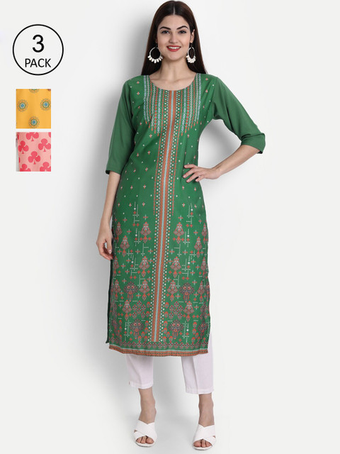 

7Threads Women Green , Pink & Yellow Ethnic Motifs Printed Crepe Kurta Set Of 3