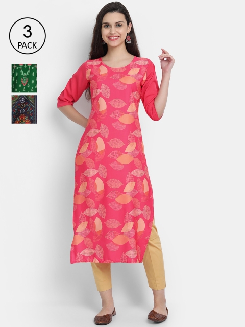 

7Threads Women Pink ,Olive & Green Ethnic Motifs Printed Crepe Kurta Set Of 3