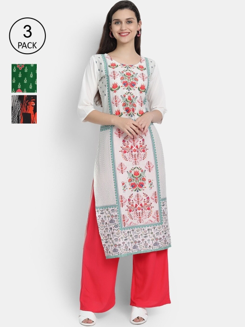 

7Threads Women Pack Of 3 Multicoloured Ethnic Motifs Printed Crepe Kurta, Multi