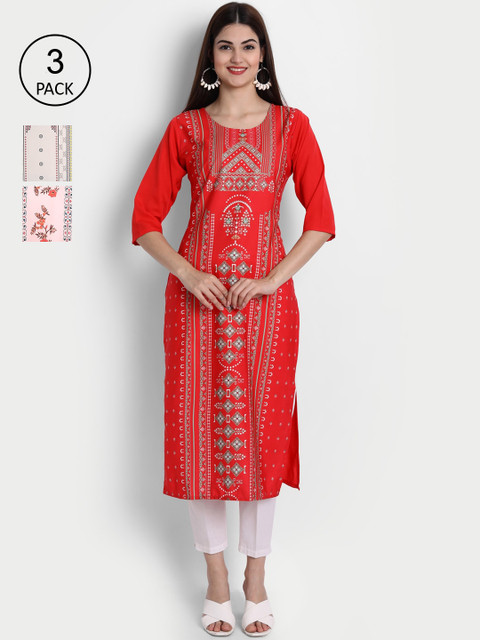 

7Threads Women Pink, Red & Green Ethnic Motifs Printed Set of 3 Crepe Kurta