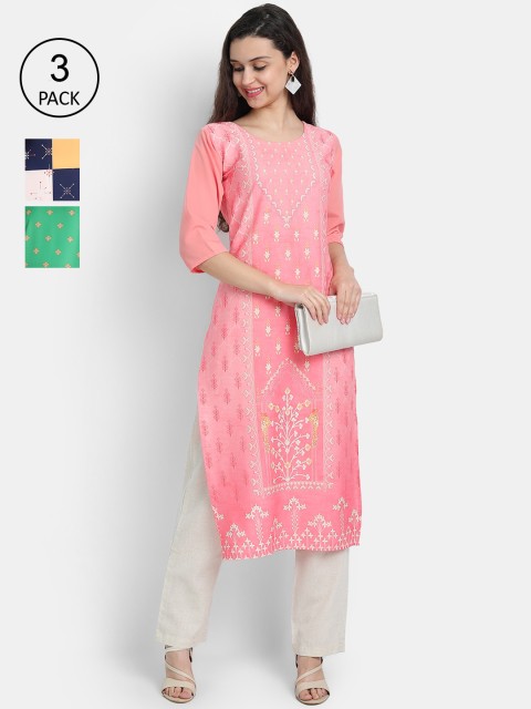 

7Threads Women Pack Of 3 Digital Print Straight Crepe Kurta, Multi