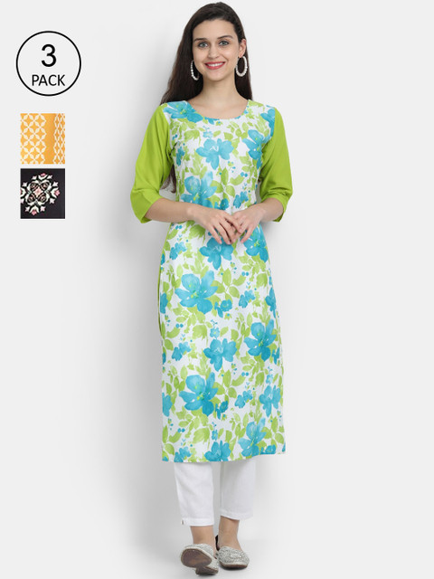 

7Threads Women Multicoloured & Yellow Floral Printed Set of 3 Crepe Kurta, Multi