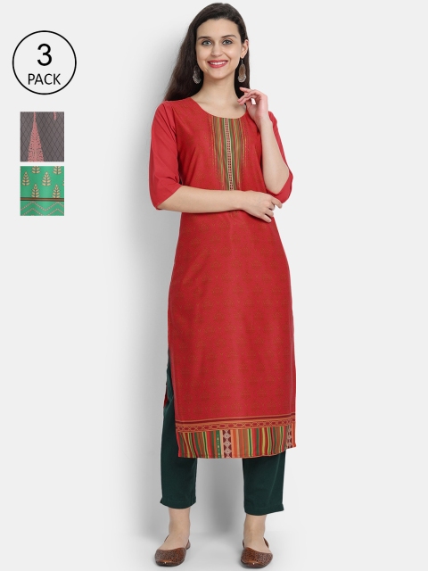 

7Threads Women Red, Brown & Yellow Ethnic Motifs Crepe Kurta Set Of 3